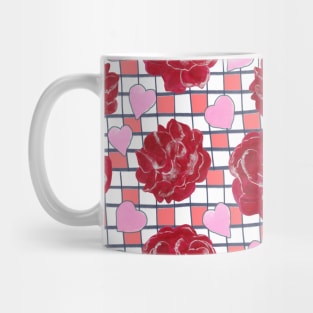 Red Roses, Hearts on Plaid Pattern Mug